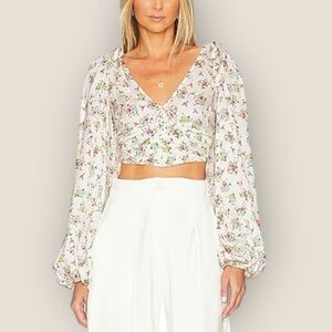 For Love & Lemons | Tanya | Crop Top XS White Floral Satin Puff Sleeve Blouse